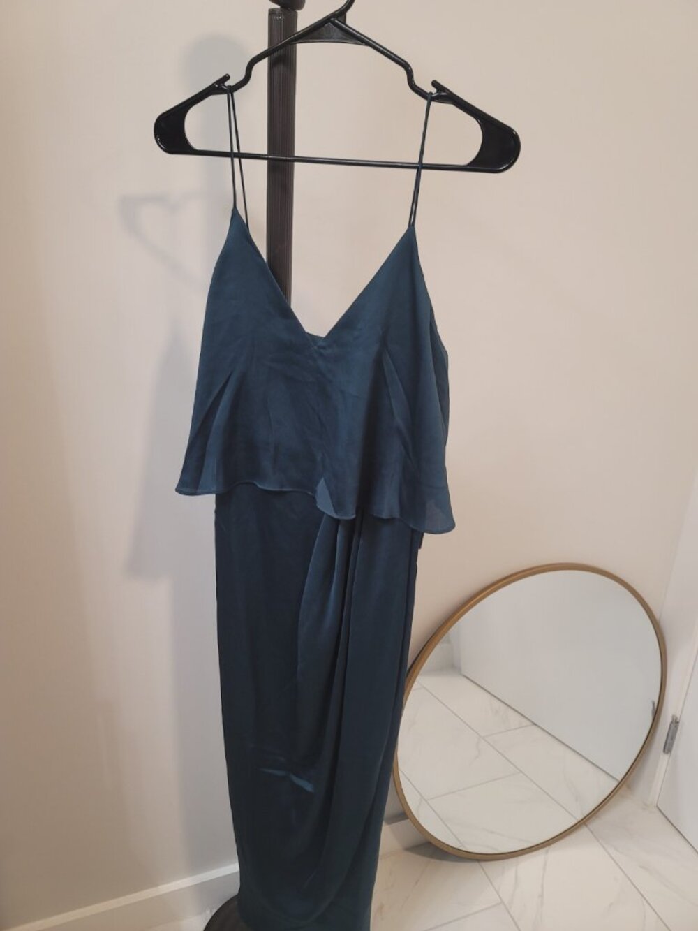 Shona Joy Luxe Cocktail Frill Tulip Hem V-Neck Satin Blue Dress Size 6 NWT New